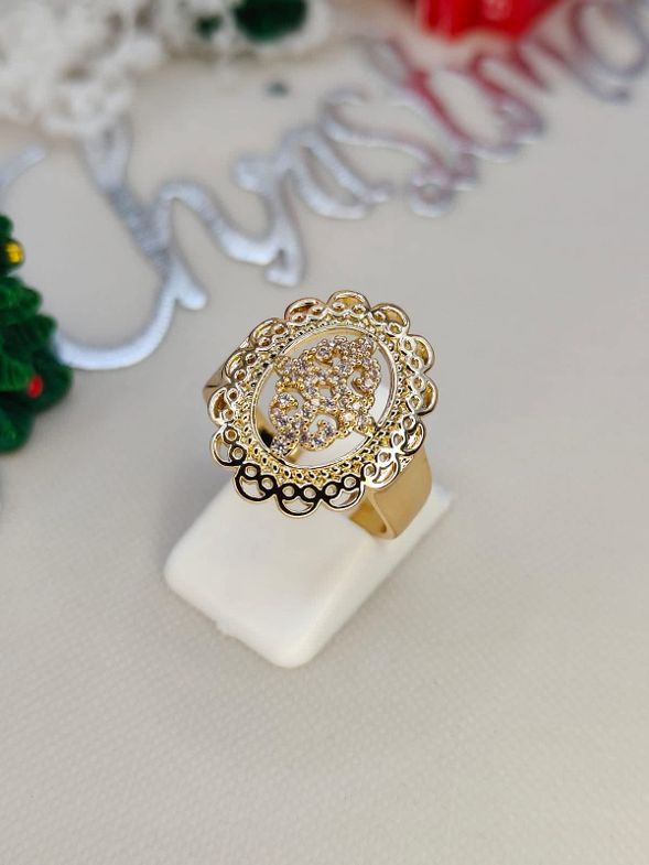 Pierścionek stal chirurgiczna z cyrkoniami – złoty, regulowany