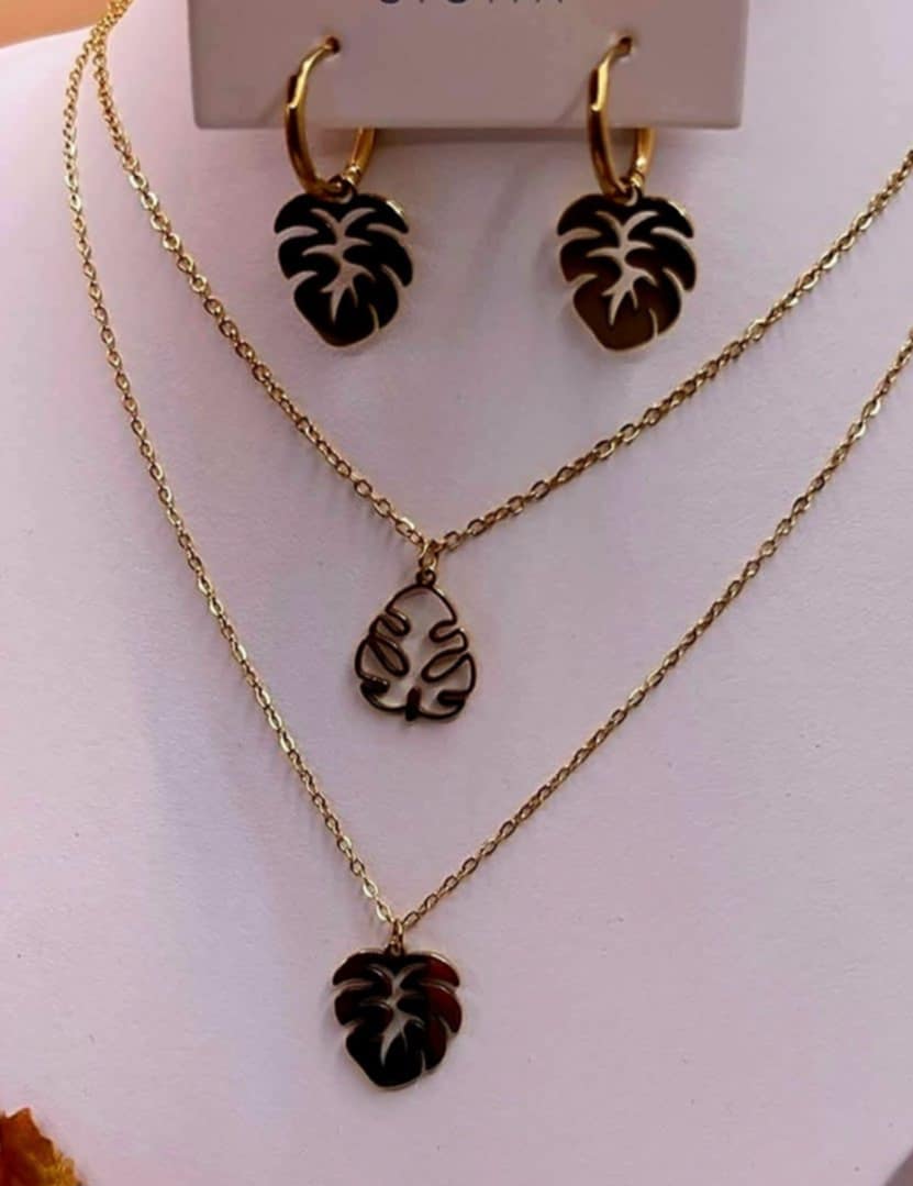 Komplet Biżuterii Premium ze Złotej Stali Chirurgicznej – Liście Monstera